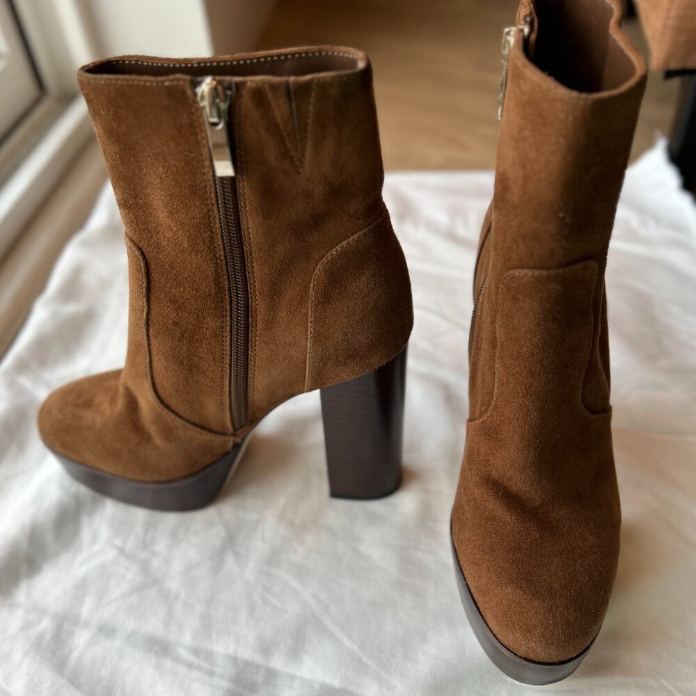 Paige Maren Soft Kid Suede Brown Heeled Boots with Chunky Platform - Size 6